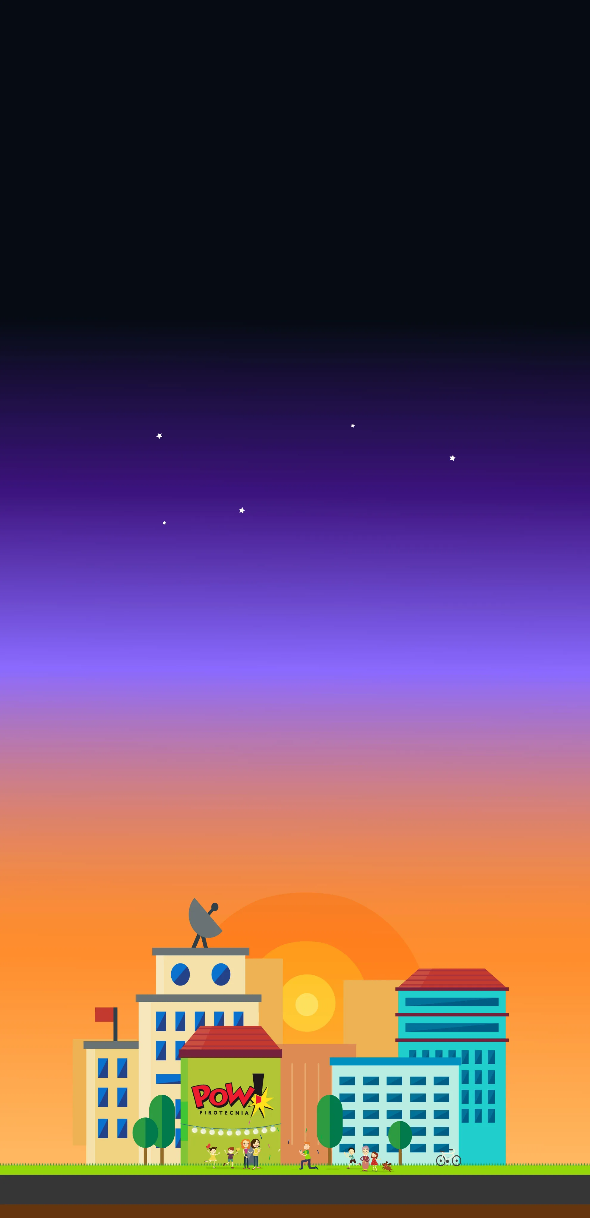 Barrio ilustrado al atardecer con el local de POW! Pirotecnia; el cielo se vuelve noche hacia arriba